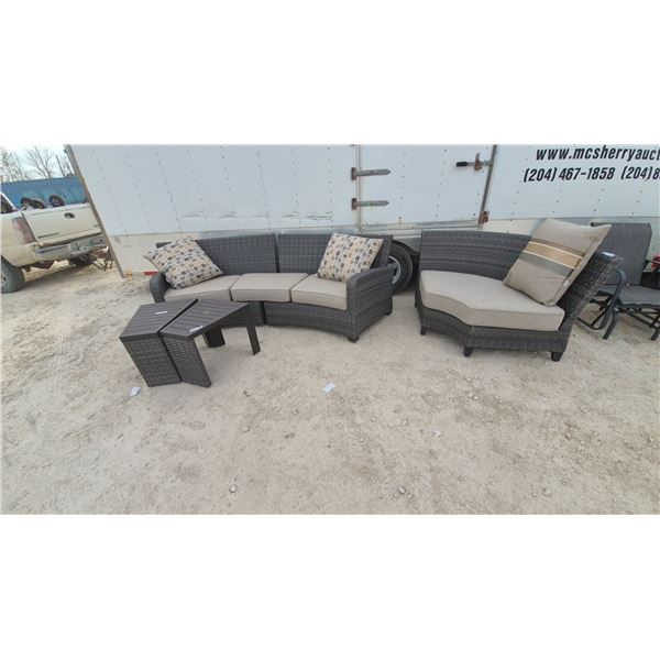 Resin Wicker Curved Patio Set with Sectional Sofa, Armchair, Two End Tables and Cushions