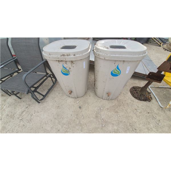 Pair of Plastic Rain Barrels with Screened Tops and Spigots
