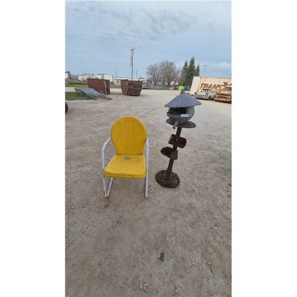 Vintage Yellow Metal Patio Chair and Rustic Metal Bird Feeder with Stand