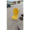 Image 3 : Vintage Yellow Metal Patio Chair and Rustic Metal Bird Feeder with Stand