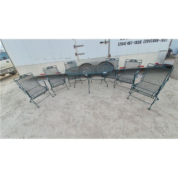 Green Wrought Iron Patio Set 29”×38”×66” Oval Mesh Table and 6 Scrollwork Armchairs