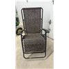 Image 2 : Zero-Gravity Folding Lounge Chair with Black Metal Frame and Brown Patterned Fabric Sling Seat