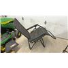 Image 3 : Zero-Gravity Folding Lounge Chair with Black Metal Frame and Brown Patterned Fabric Sling Seat