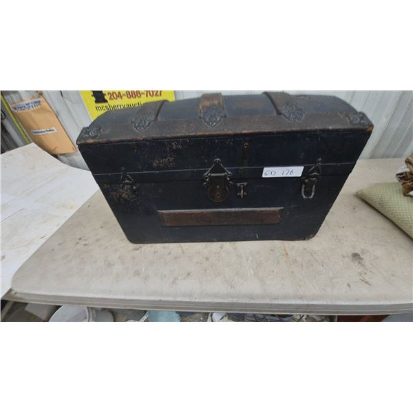 Antique Victorian Dome-Top Camelback Steamer Trunk with Wooden Slats and Ornate Metal Hardware