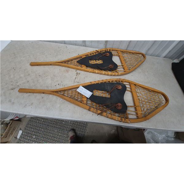 Pair of Vintage Wooden Snowshoes with Rawhide Lacing and Leather Bindings 14x42