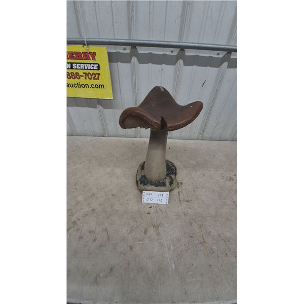 Concrete Mushroom Garden Ornament with Leaf-Detailed Base 16.6” Tall