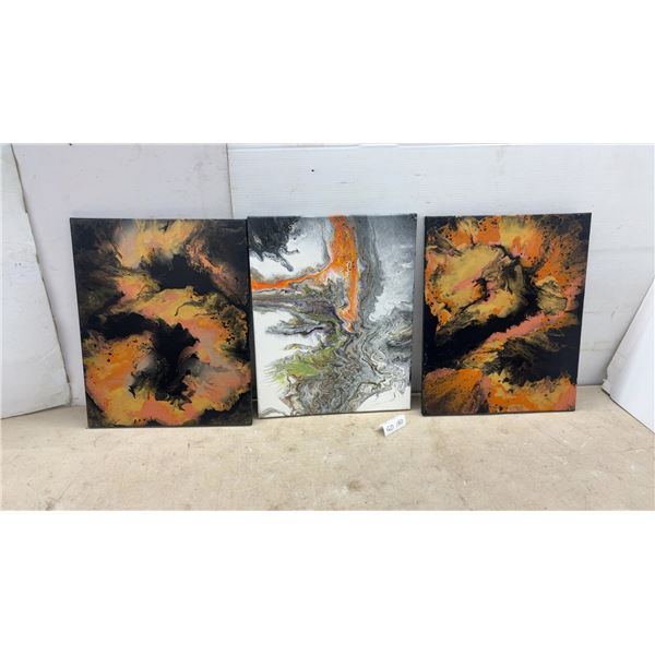 Three Original Abstract Fluid Art Acrylic Paintings, 16 × 20”