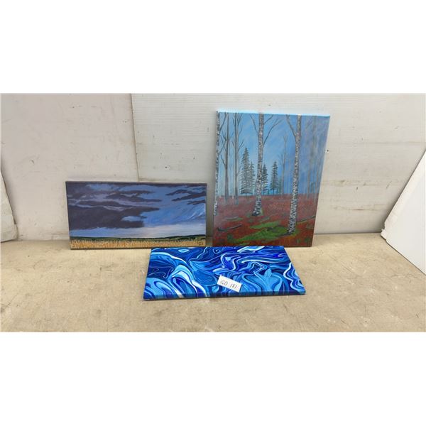 Three Original Acrylic Paintings on Canvas: Forest, Wheat Field Landscape, Blue Abstract Swirl