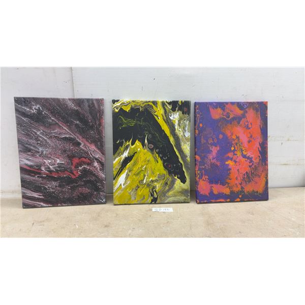Three Abstract Acrylic Pour Paintings on Canvas, Multicolor, 16 × 12”