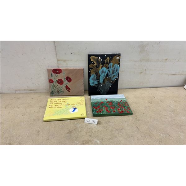Four Hand-Painted Canvases, Floral, Landscape, Inspirational Designs, Largest 9 × 12