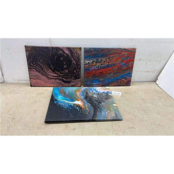 Three Original Acrylic Pour Abstract Paintings, Largest 20 × 16”