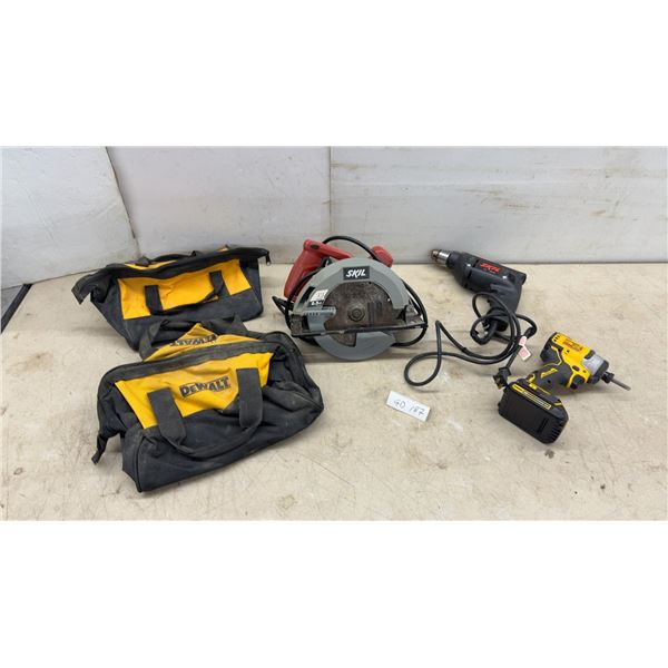 DeWalt 20V Cordless 1/2” Impact Driver with Battery, Skil Circular Saw, Drill and Two Bags