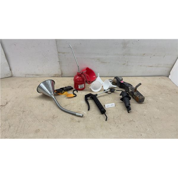 Trailer Hitch Ball Mount, Flexible Funnel, Oil Can, Grease Gun, Ratchet Strap