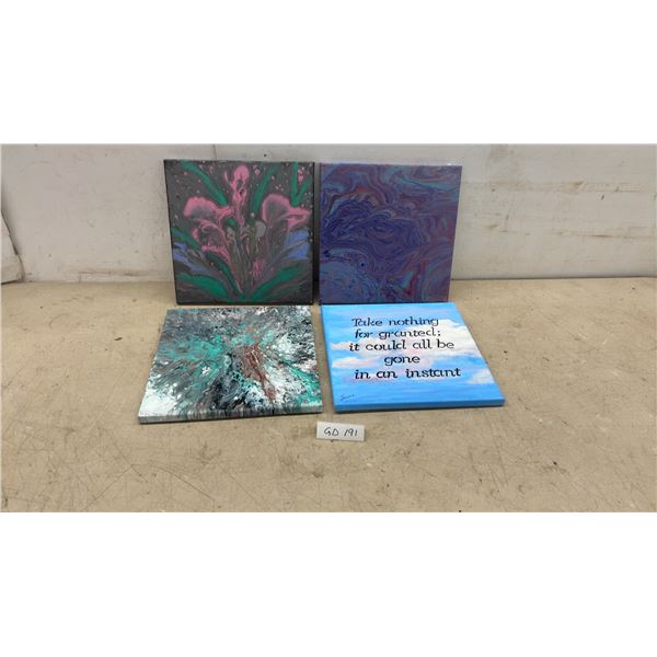 Four Handmade Acrylic Fluid Art Canvas Paintings and Inspirational Quote Piece, 12 × 12”