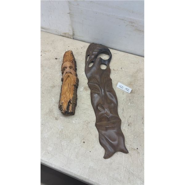 Hand-Carved Wooden Wood Spirit Bearded Face and Abstract Mask Decorative Carvings