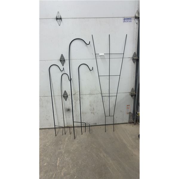 Black Metal Conical Garden Trellis and 4 Shepherd's Hooks of Various Sizes