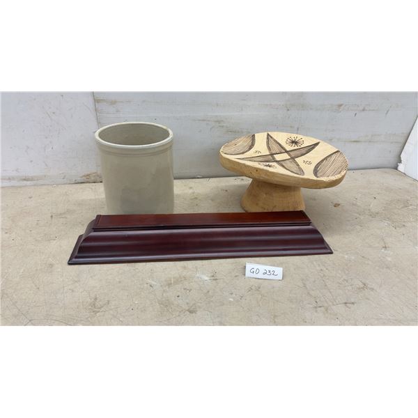 Stoneware Crock, Hand-Carved Wooden Pedestal Stand, Mahogany Display Plinth