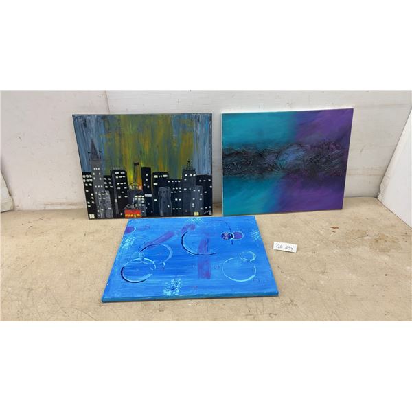 Three Original Hand-Painted Canvas Artworks: Cityscape, Abstract Textured, Blue Circles, 20 × 16”