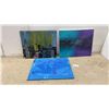 Image 1 : Three Original Hand-Painted Canvas Artworks: Cityscape, Abstract Textured, Blue Circles, 20 × 16”