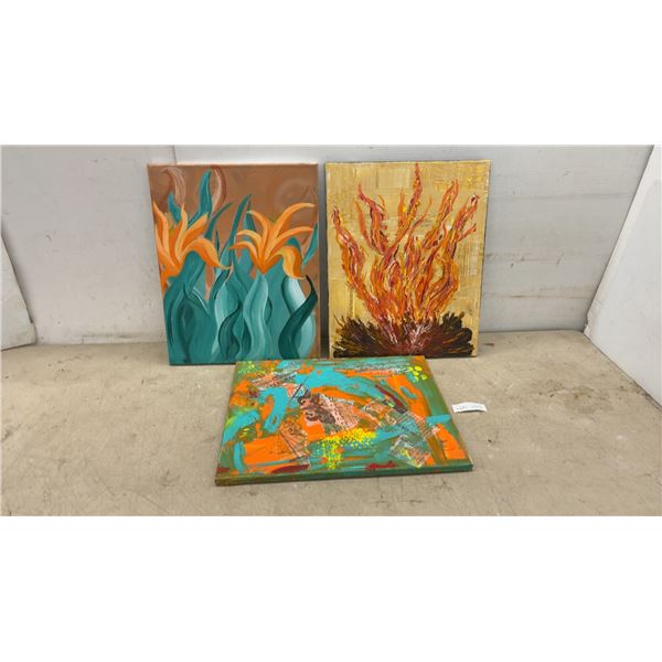 Three Original Contemporary Canvas Paintings, Floral, Bonfire and Abstract Mixed-Media, 16 × 20”