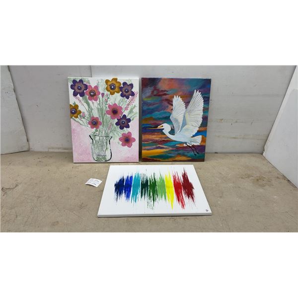 Three Original Canvas Paintings: Floral Vase, Egret in Flight, Abstract Color Strokes, 20 × 16”