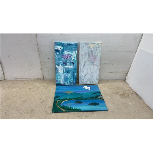 Three Original Canvas Paintings: Lake Landscape, Purple Floral Abstract and Pastel Abstract