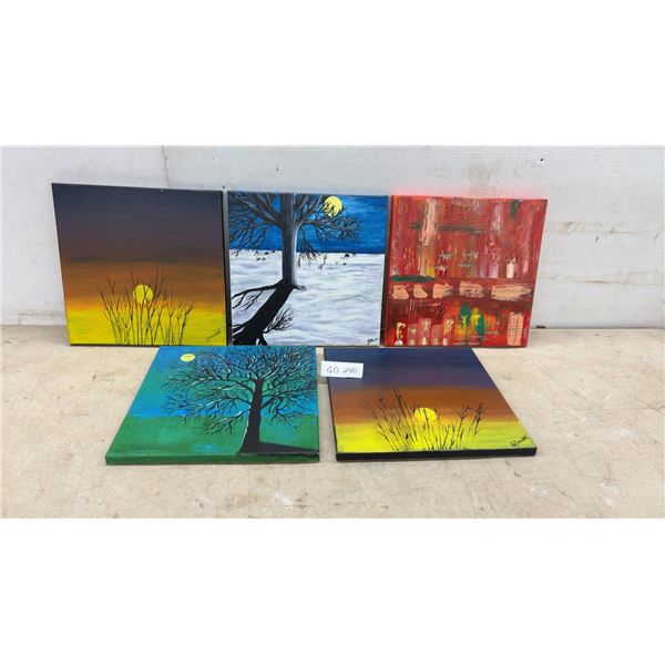 Five Original Hand-Painted Canvases, Sunset, Tree, Moon, Abstract Scenes, 12 × 12”