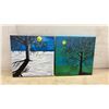 Image 3 : Five Original Hand-Painted Canvases, Sunset, Tree, Moon, Abstract Scenes, 12 × 12”