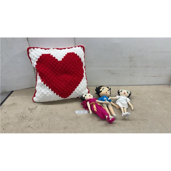 Crocheted Red Heart Throw Pillow and Three Betty Boop Plush Dolls