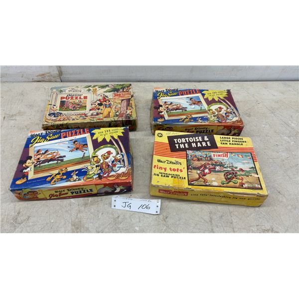 Four Vintage Walt Disney Puzzles, 1940s-1950s, Two Flying Donkey, Tortoise and Hare, Mickey Mouse