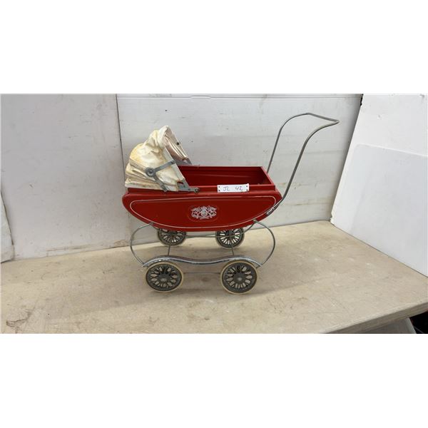 Vintage 1950s Garton Toy Company Red Metal Doll Carriage with Chrome Frame and Folding Canopy