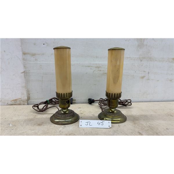 Pair of Vintage Brass Accent Lamps with Cylindrical Frosted Shades and Ornate Floral Bases