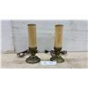 Image 1 : Pair of Vintage Brass Accent Lamps with Cylindrical Frosted Shades and Ornate Floral Bases