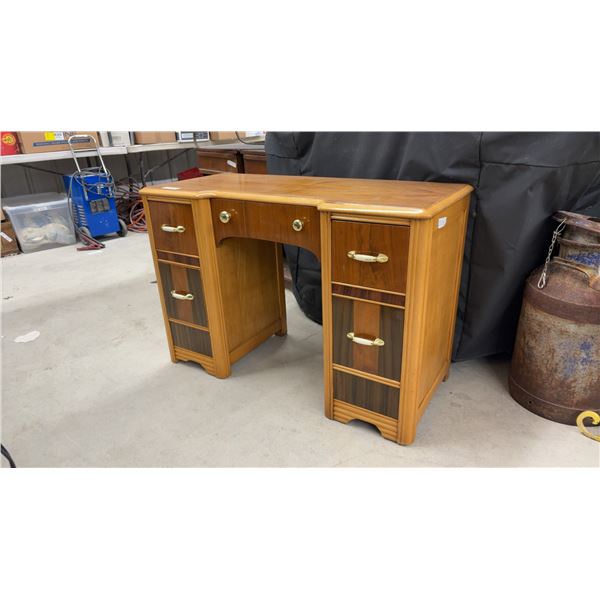 Vintage Art Deco Waterfall Kneehole Desk with Contrasting Veneers and Brass Hardware, 28 × 41 × 18”