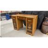 Image 1 : Vintage Art Deco Waterfall Kneehole Desk with Contrasting Veneers and Brass Hardware, 28 × 41 × 18”