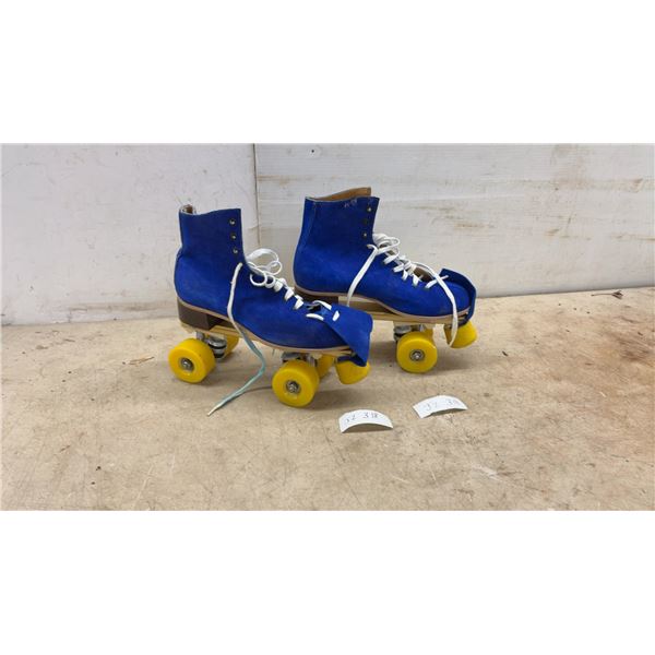 Vintage Quad Roller Skates with Royal Blue Suede High-Top Boots and Yellow Wheels, Size 9
