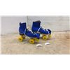 Image 1 : Vintage Quad Roller Skates with Royal Blue Suede High-Top Boots and Yellow Wheels, Size 9