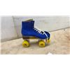 Image 4 : Vintage Quad Roller Skates with Royal Blue Suede High-Top Boots and Yellow Wheels, Size 9
