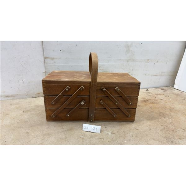 Vintage Wooden Cantilever Sewing Box with Carrying Handle and Tiered Expanding Trays