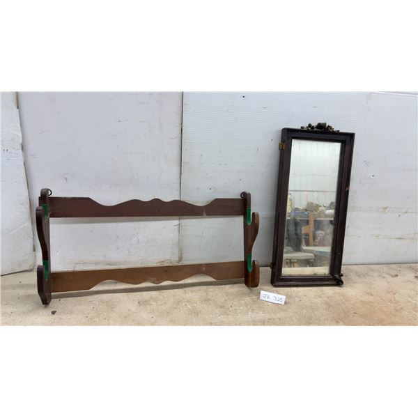 Vintage Wooden Two-Tier Gun Rack with Green Felt Lining and Ornate Framed Mirror, 22 × 10”