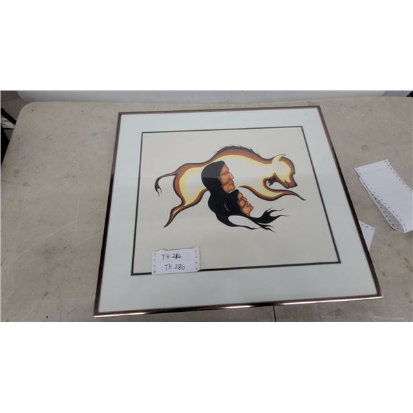 Framed Contemporary Indigenous Art Print, Two Profiles with Spirit Animal in Warm Tones 22” × 25”
