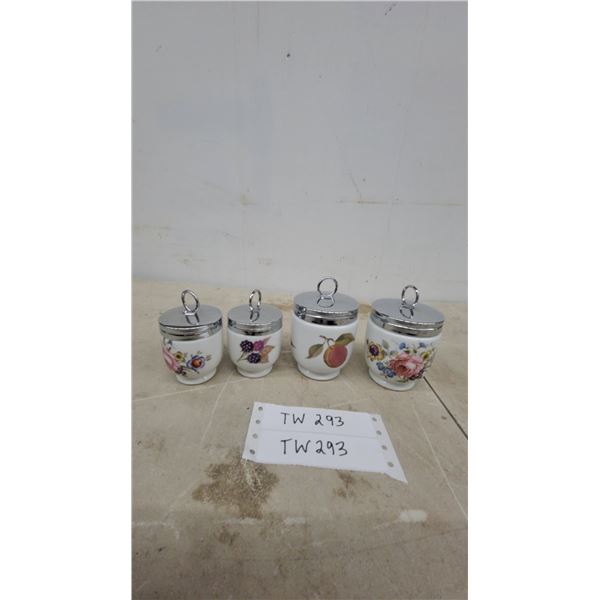 Set of Four Royal Worcester Porcelain Egg Coddlers with Chrome Lids, Floral and Fruit Patterns