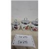 Image 2 : Set of Four Royal Worcester Porcelain Egg Coddlers with Chrome Lids, Floral and Fruit Patterns