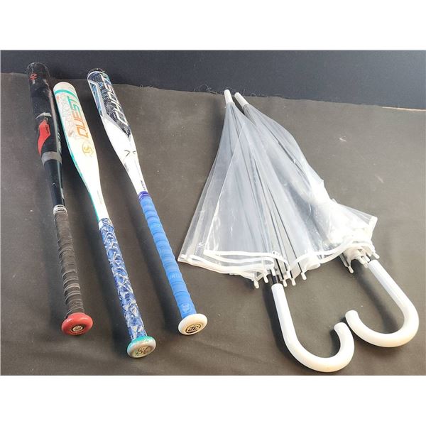 3 Softball Bats and 2 Clear Umbrellas