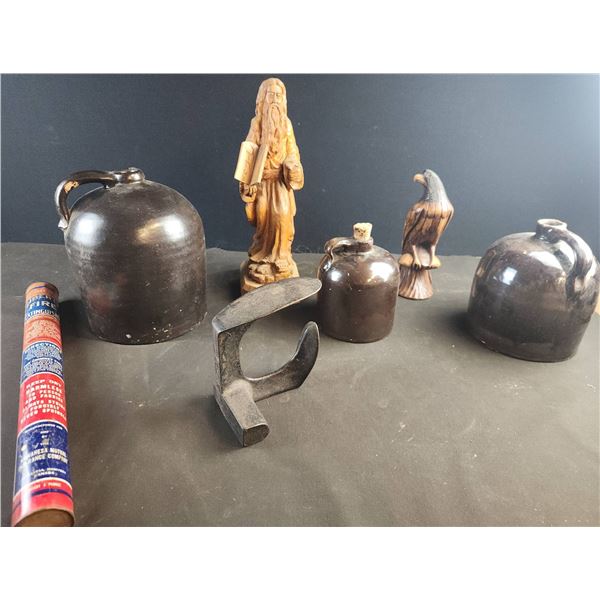 Stoneware Jugs, Wood Carvings, More