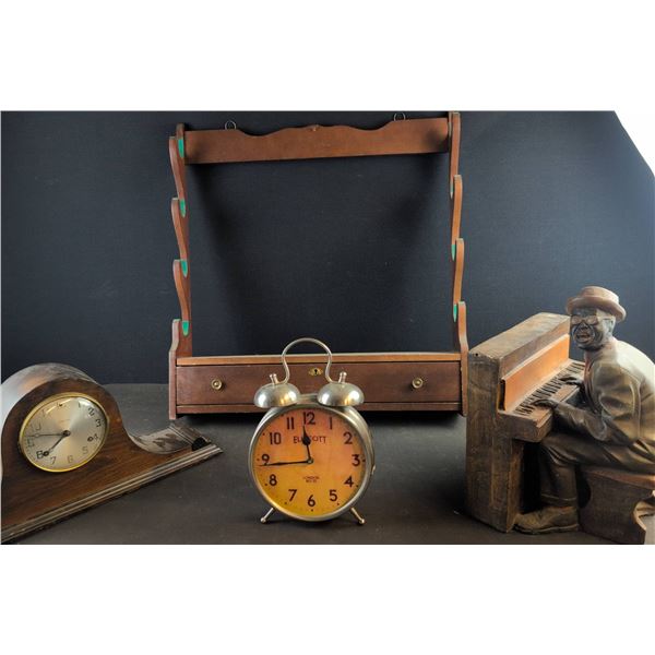Mantel Clocks, Wooden Piano Player, Wall Shelf