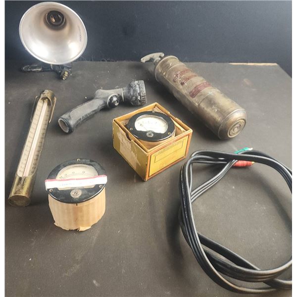 Lot: Vintage Fire Extinguisher, Brass Thermometer, More
