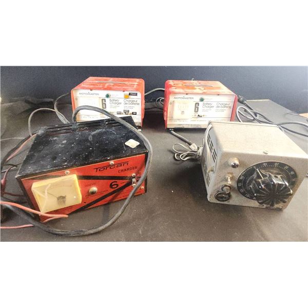 2 Motomaster 6 Amp Battery Chargers, Torcan Charger, and Dial Control Unit