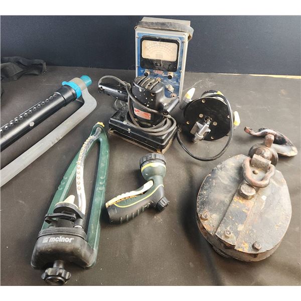Melnor Garden Sprayer, Vintage Pulley, Multimeter, Tripod Stand, Sander