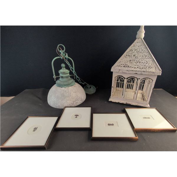 Dunne '84 Framed Nature Prints, Iron Pendant Light, and White Birdcage